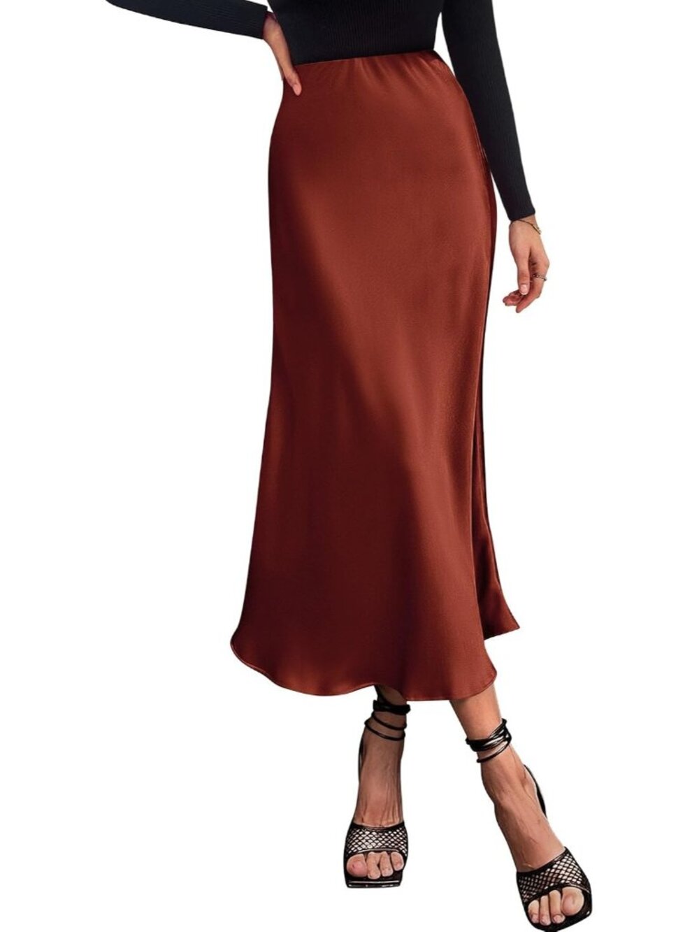 Women Brown High Waist Satin A-Line Elegant Slip Bias Cut Flowy Long Midi Skirt